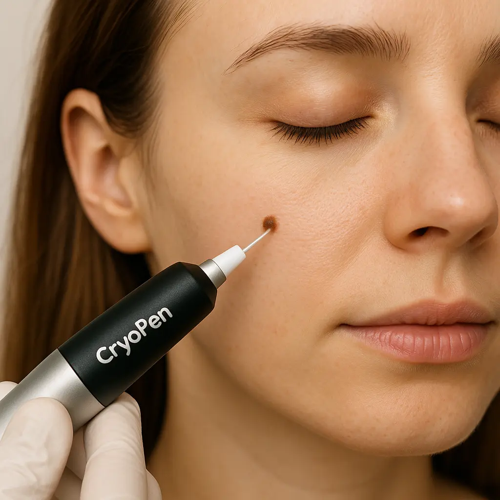 woman receiving facial mole removal Brackley using cryopen